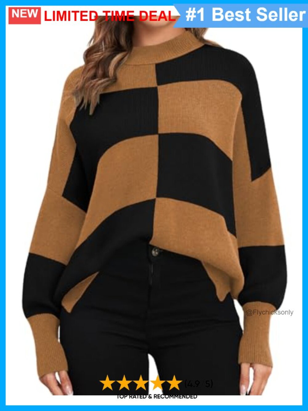 Oversized Checkered Pullover Sweater Mock Neck Side Slit Cozy Knit Jumper